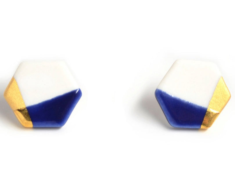 Ash Modern Hexagon Studs in Blue